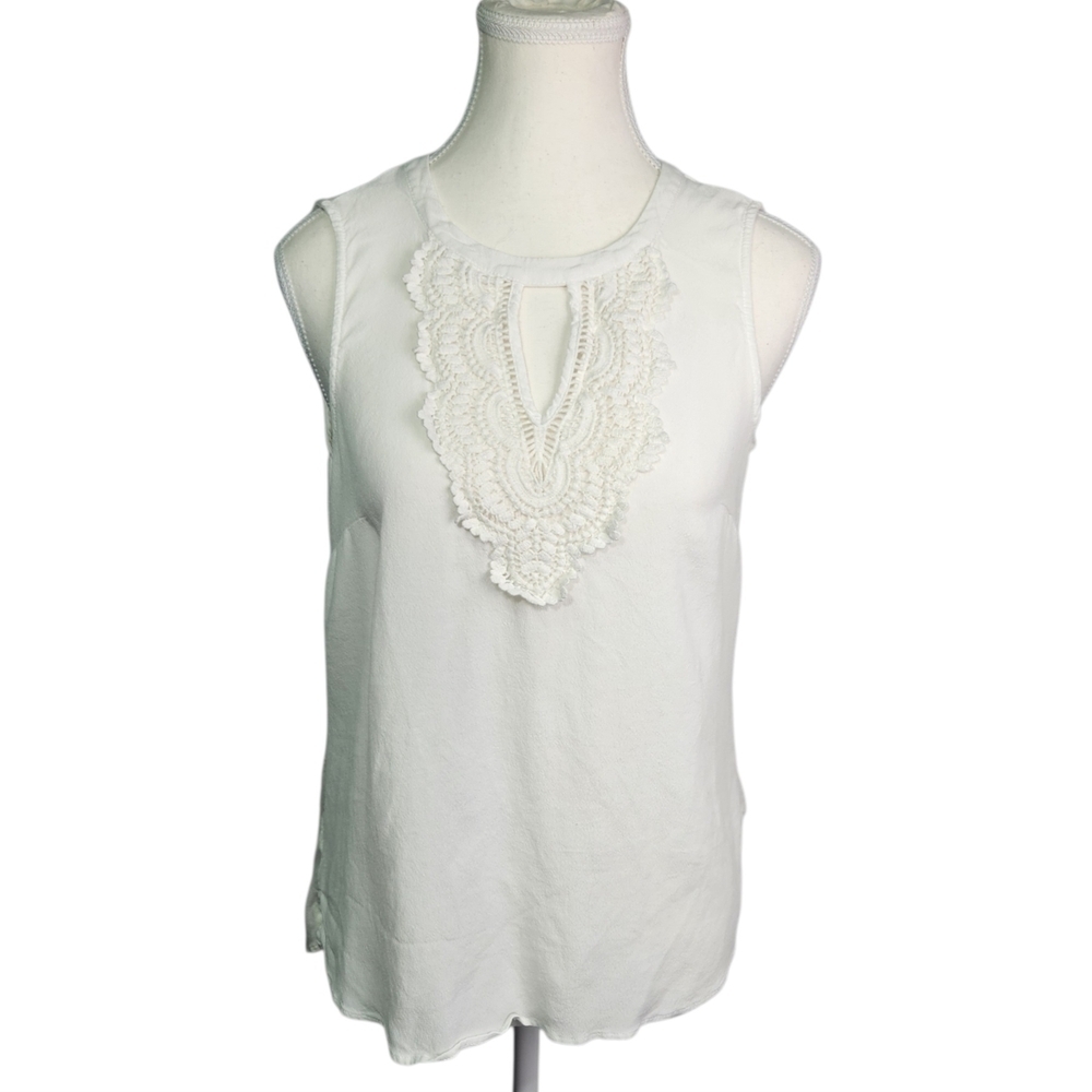 Pale Sky Quin Keyhole Crochet Off White Tank Top Sleeveless Blouse Boho Cottage - Picture 7 of 12